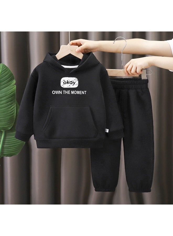 Independent brand Kids Winter Fleece Hoodie Set, Boys Girls Black Warm Tracksuit, Toddler Thickened 2-Piece Outfit - Image 1